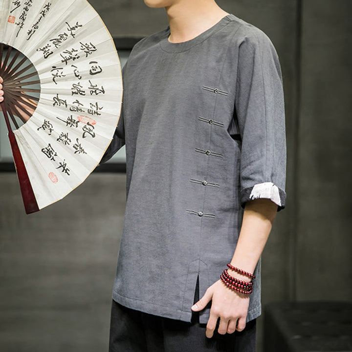 Koszulka męska z nadrukiem „Buddha Stones Summer Retro Solid Color Patchwork Design” z rękawem 3/4 wykonana z bawełny i lnu