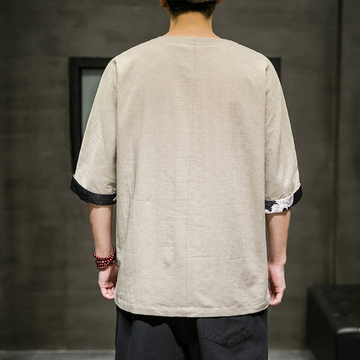 Koszulka męska z nadrukiem „Buddha Stones Summer Retro Solid Color Patchwork Design” z rękawem 3/4 wykonana z bawełny i lnu - image 9