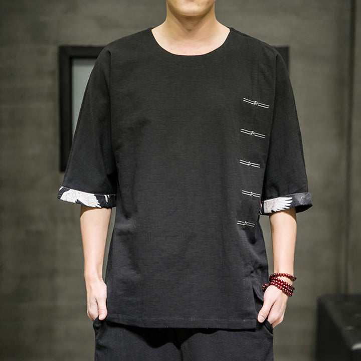 Koszulka męska z nadrukiem „Buddha Stones Summer Retro Solid Color Patchwork Design” z rękawem 3/4 wykonana z bawełny i lnu