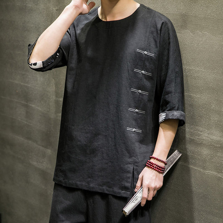 Koszulka męska z nadrukiem „Buddha Stones Summer Retro Solid Color Patchwork Design” z rękawem 3/4 wykonana z bawełny i lnu