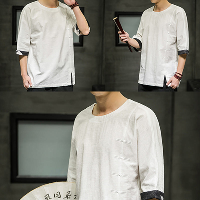 Koszulka męska z nadrukiem „Buddha Stones Summer Retro Solid Color Patchwork Design” z rękawem 3/4 wykonana z bawełny i lnu - image 32