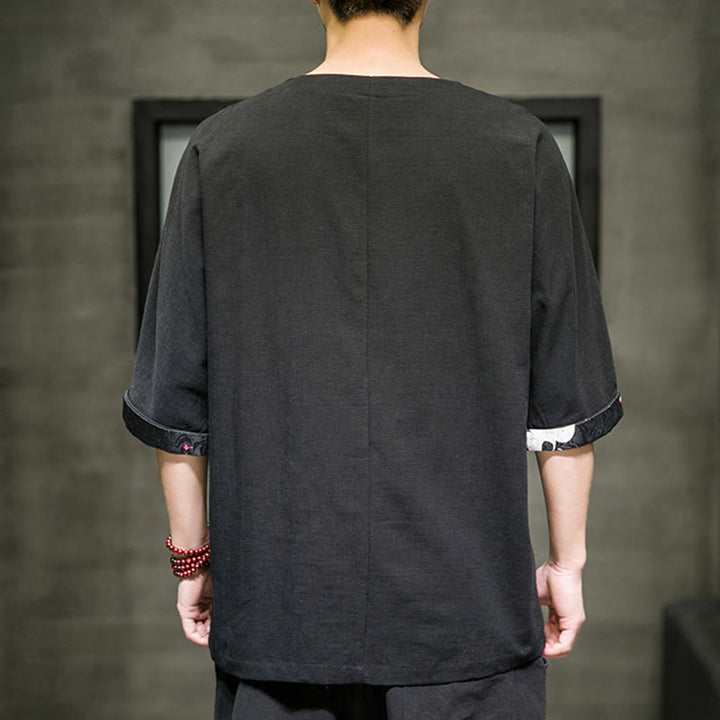 Koszulka męska z nadrukiem „Buddha Stones Summer Retro Solid Color Patchwork Design” z rękawem 3/4 wykonana z bawełny i lnu - image 3