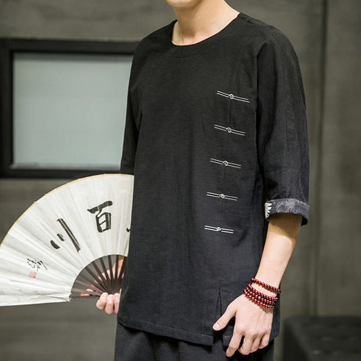 Koszulka męska z nadrukiem „Buddha Stones Summer Retro Solid Color Patchwork Design” z rękawem 3/4 wykonana z bawełny i lnu