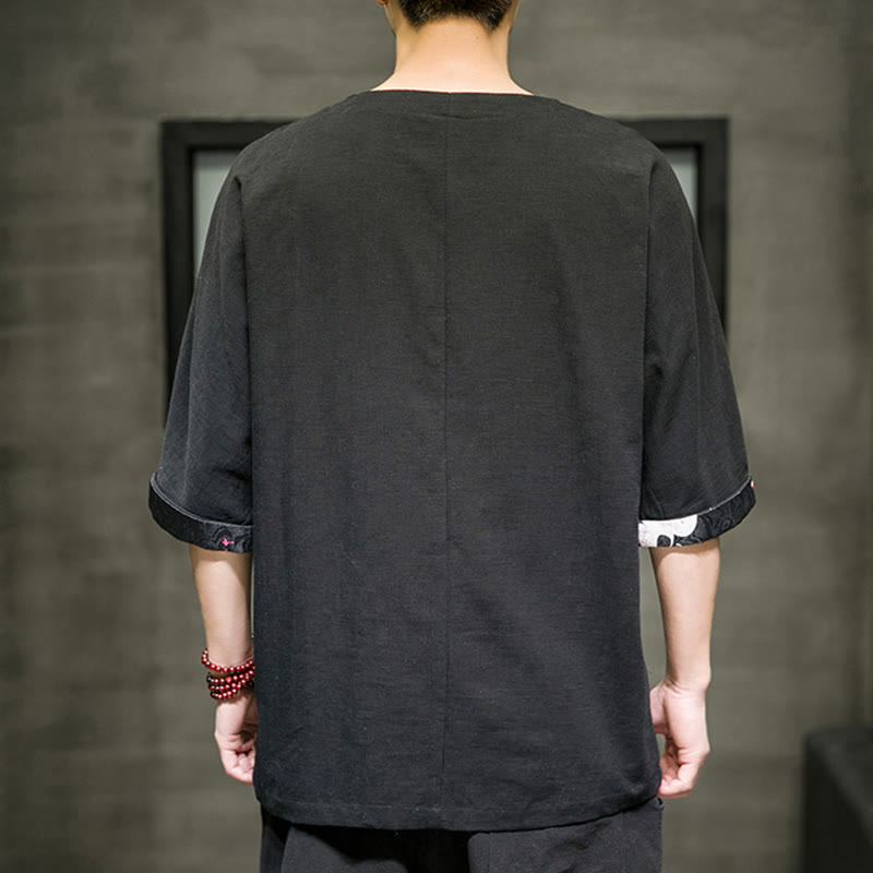 Koszulka męska z nadrukiem „Buddha Stones Summer Retro Solid Color Patchwork Design” z rękawem 3/4 wykonana z bawełny i lnu