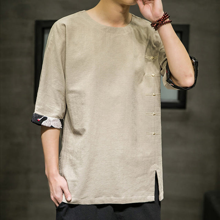 Koszulka męska z nadrukiem „Buddha Stones Summer Retro Solid Color Patchwork Design” z rękawem 3/4 wykonana z bawełny i lnu - image 10