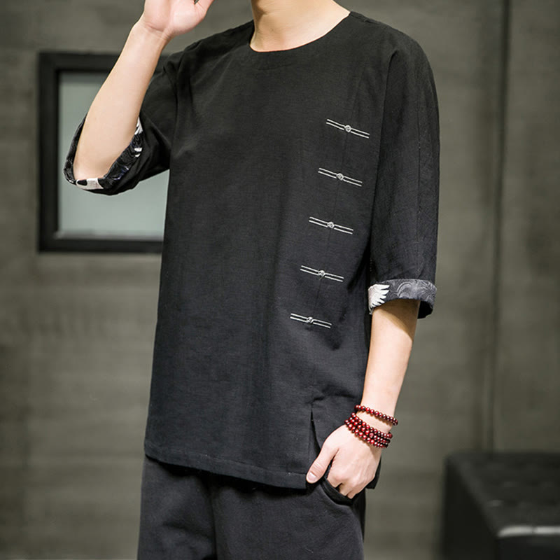 Koszulka męska z nadrukiem „Buddha Stones Summer Retro Solid Color Patchwork Design” z rękawem 3/4 wykonana z bawełny i lnu - image 2