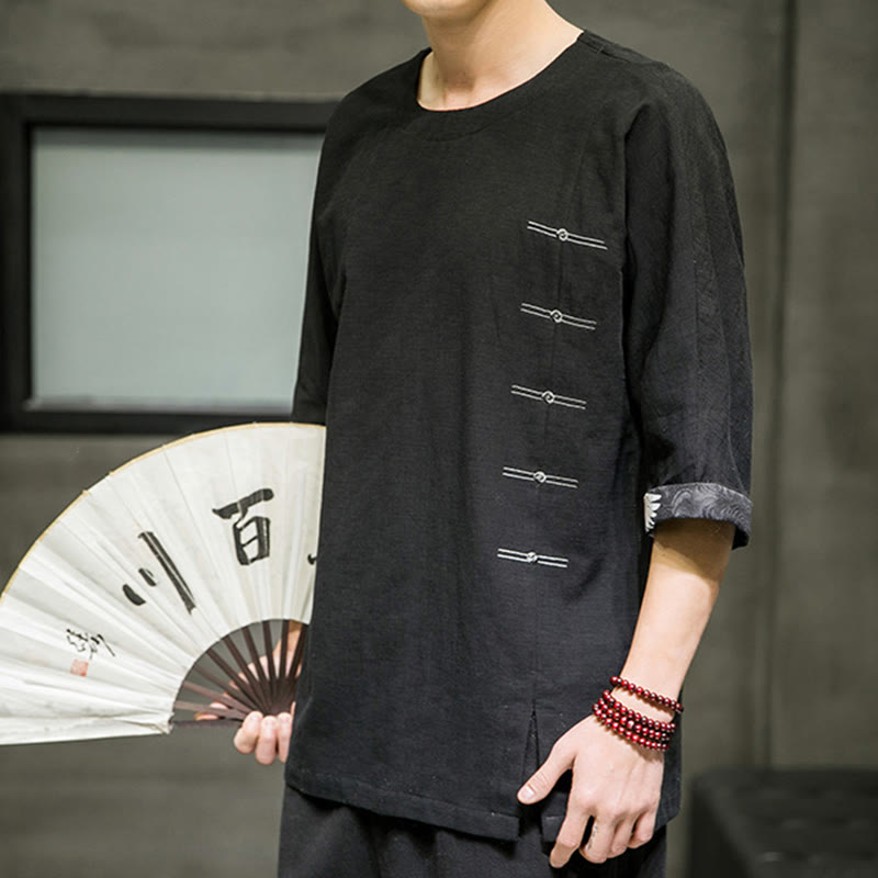 Koszulka męska z nadrukiem „Buddha Stones Summer Retro Solid Color Patchwork Design” z rękawem 3/4 wykonana z bawełny i lnu - image 4