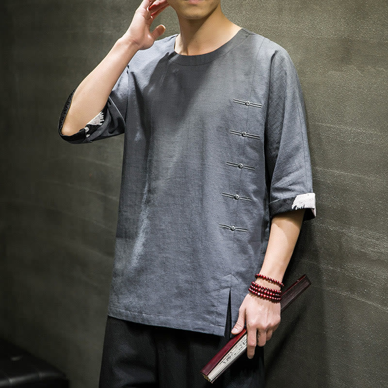 Koszulka męska z nadrukiem „Buddha Stones Summer Retro Solid Color Patchwork Design” z rękawem 3/4 wykonana z bawełny i lnu