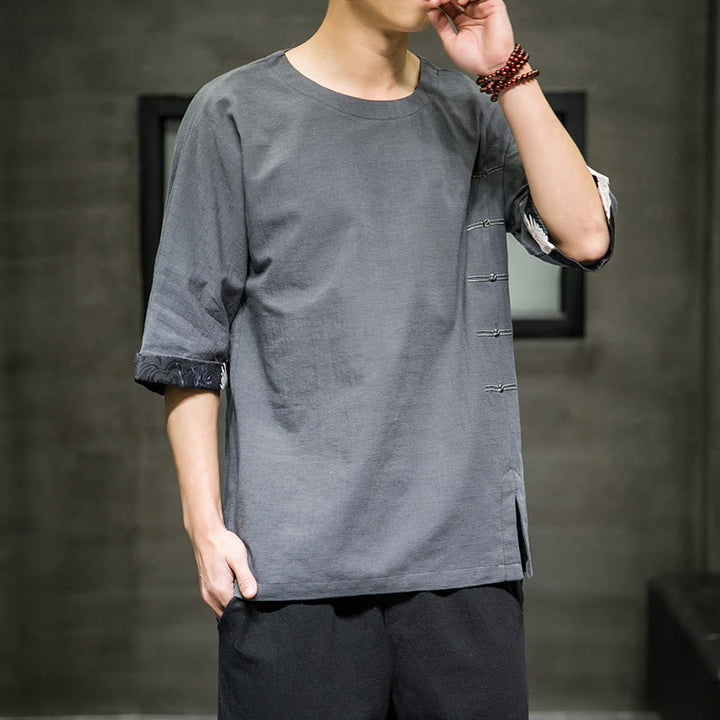 Koszulka męska z nadrukiem „Buddha Stones Summer Retro Solid Color Patchwork Design” z rękawem 3/4 wykonana z bawełny i lnu - image 17