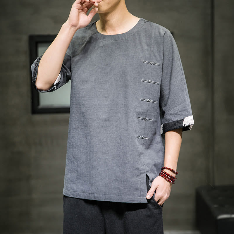 Koszulka męska z nadrukiem „Buddha Stones Summer Retro Solid Color Patchwork Design” z rękawem 3/4 wykonana z bawełny i lnu - image 15