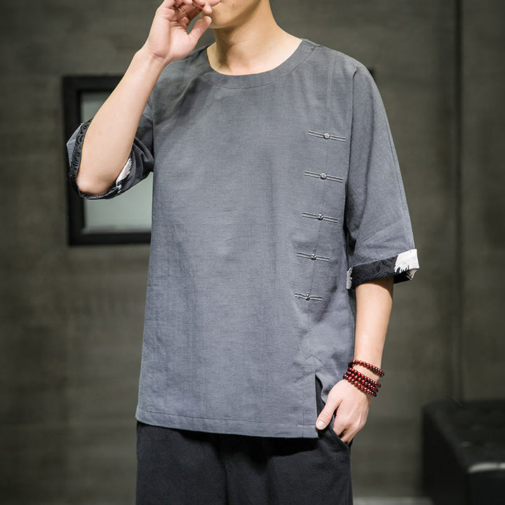 Koszulka męska z nadrukiem „Buddha Stones Summer Retro Solid Color Patchwork Design” z rękawem 3/4 wykonana z bawełny i lnu - image 15