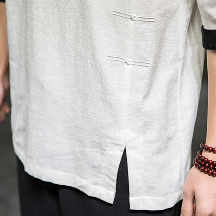 Koszulka męska z nadrukiem „Buddha Stones Summer Retro Solid Color Patchwork Design” z rękawem 3/4 wykonana z bawełny i lnu - image 31