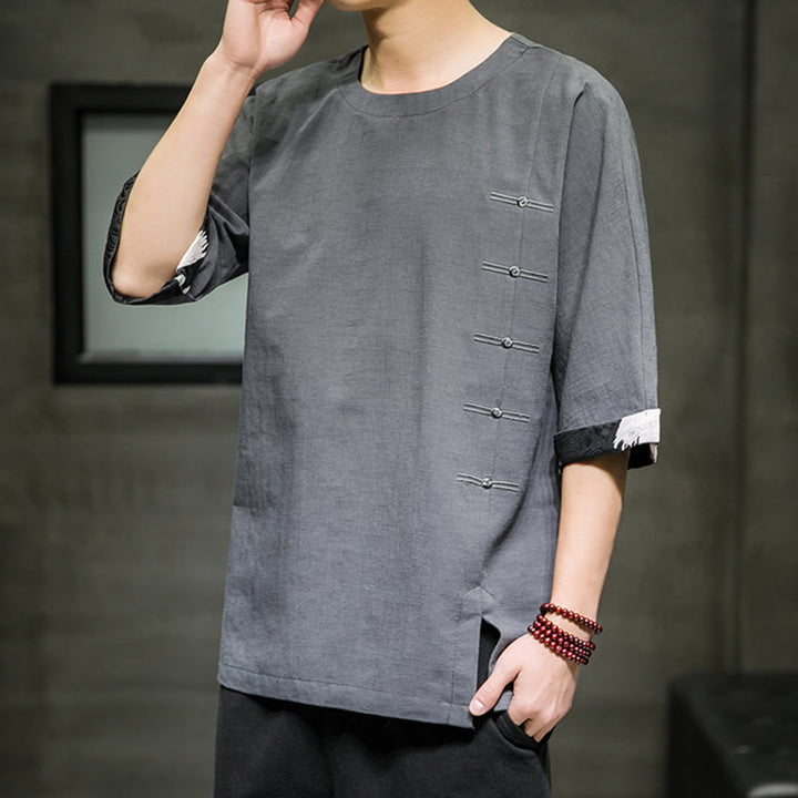 Koszulka męska z nadrukiem „Buddha Stones Summer Retro Solid Color Patchwork Design” z rękawem 3/4 wykonana z bawełny i lnu