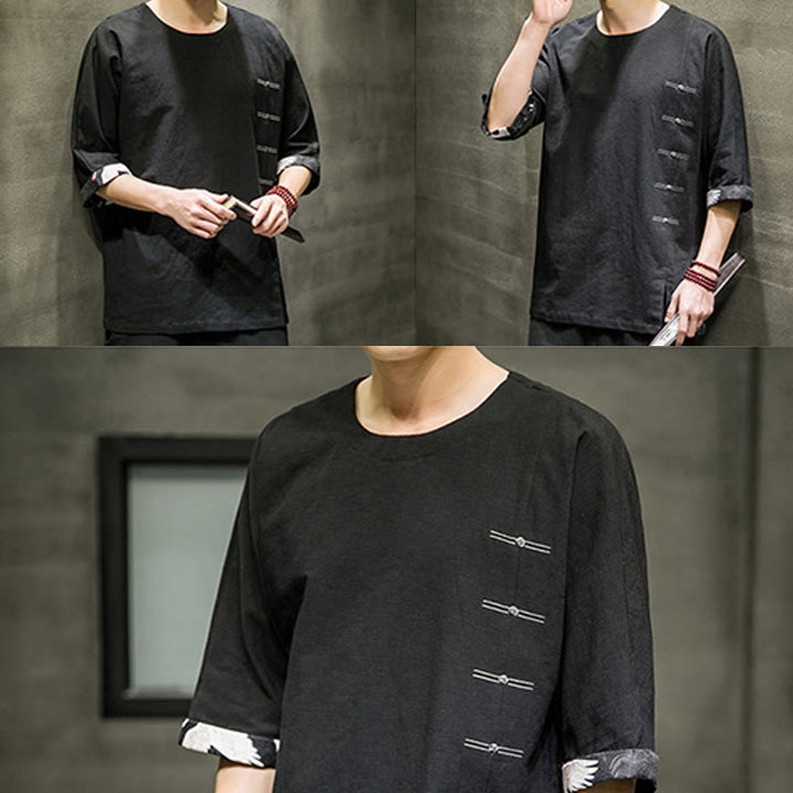 Koszulka męska z nadrukiem „Buddha Stones Summer Retro Solid Color Patchwork Design” z rękawem 3/4 wykonana z bawełny i lnu