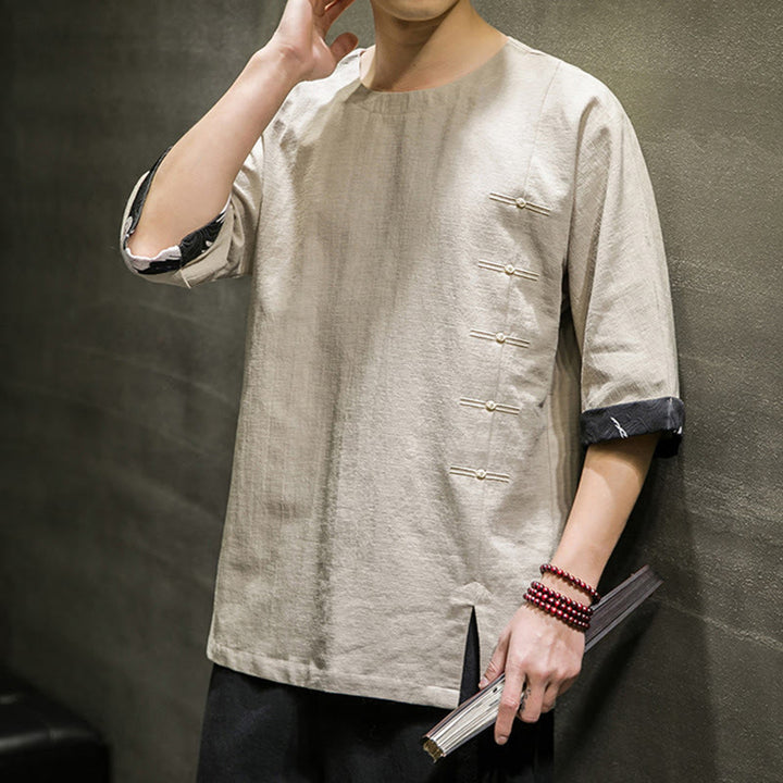 Koszulka męska z nadrukiem „Buddha Stones Summer Retro Solid Color Patchwork Design” z rękawem 3/4 wykonana z bawełny i lnu - image 12