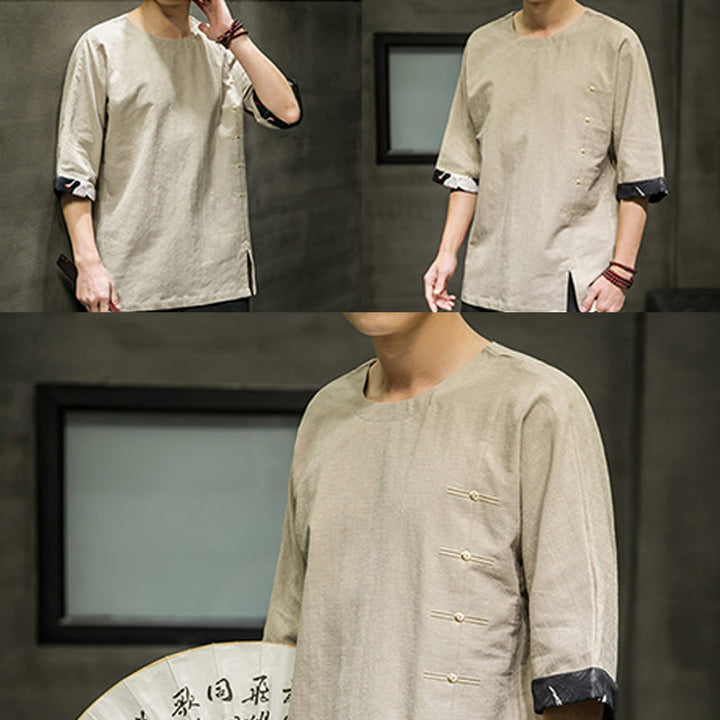 Koszulka męska z nadrukiem „Buddha Stones Summer Retro Solid Color Patchwork Design” z rękawem 3/4 wykonana z bawełny i lnu - image 13