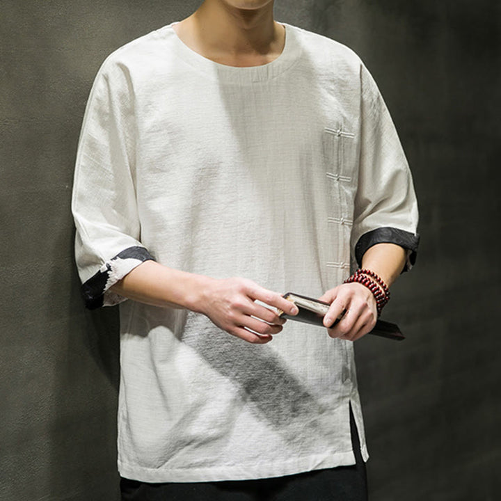 Koszulka męska z nadrukiem „Buddha Stones Summer Retro Solid Color Patchwork Design” z rękawem 3/4 wykonana z bawełny i lnu