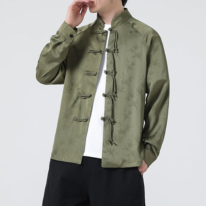 Koszula męska z długim rękawem i wzorem liści bambusa w stylu żakardowym z Buddha Stones i chińskimi guzikami - image 7