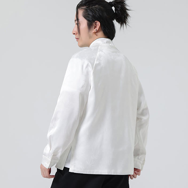 Koszula męska z długim rękawem i wzorem liści bambusa w stylu żakardowym z Buddha Stones i chińskimi guzikami - image 14