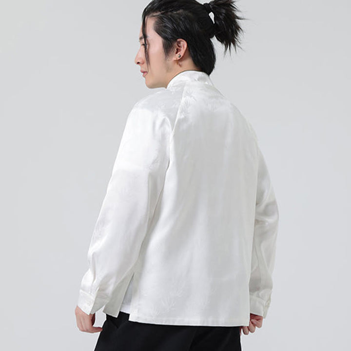 Koszula męska z długim rękawem i wzorem liści bambusa w stylu żakardowym z Buddha Stones i chińskimi guzikami - image 14