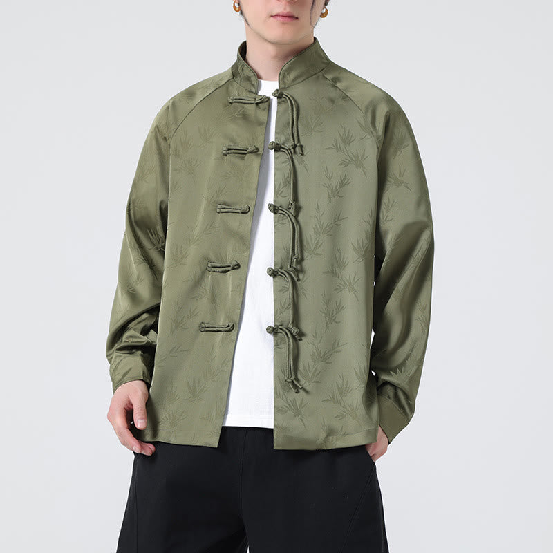 Koszula męska z długim rękawem i wzorem liści bambusa w stylu żakardowym z Buddha Stones i chińskimi guzikami - image 6