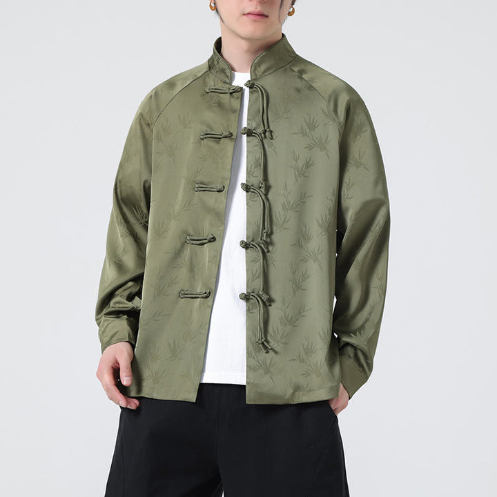 Koszula męska z długim rękawem i wzorem liści bambusa w stylu żakardowym z Buddha Stones i chińskimi guzikami - image 6