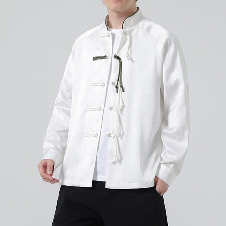 Koszula męska z długim rękawem i wzorem liści bambusa w stylu żakardowym z Buddha Stones i chińskimi guzikami - image 13