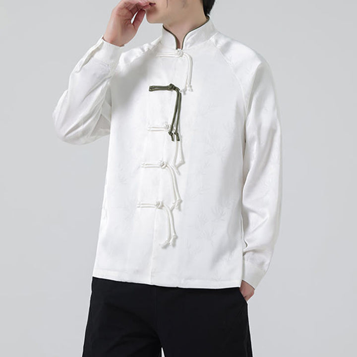 Koszula męska z długim rękawem i wzorem liści bambusa w stylu żakardowym z Buddha Stones i chińskimi guzikami - image 15