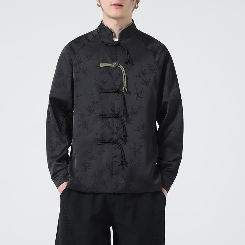 Koszula męska z długim rękawem i wzorem liści bambusa w stylu żakardowym z Buddha Stones i chińskimi guzikami - Czarny - US/UK/AU46， EU56 (5XL) - image 18