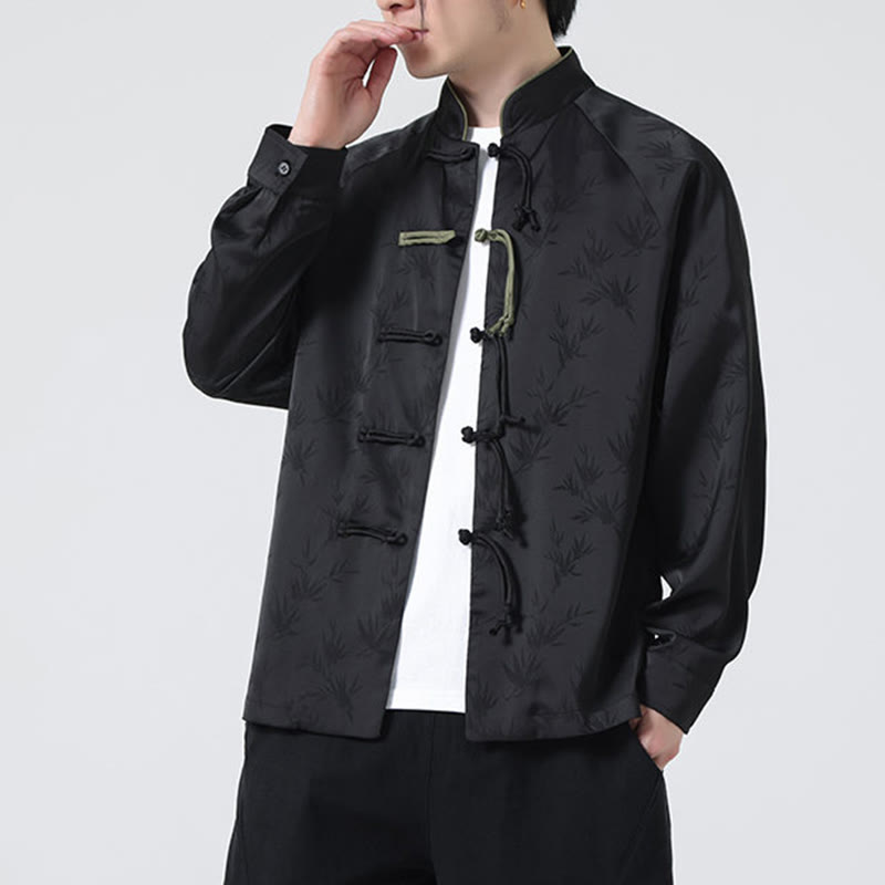 Koszula męska z długim rękawem i wzorem liści bambusa w stylu żakardowym z Buddha Stones i chińskimi guzikami - image 24