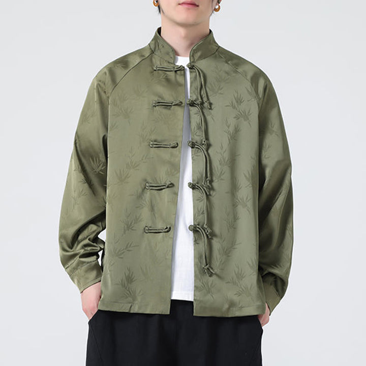 Koszula męska z długim rękawem i wzorem liści bambusa w stylu żakardowym z Buddha Stones i chińskimi guzikami - image 5