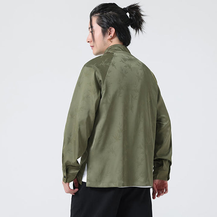 Koszula męska z długim rękawem i wzorem liści bambusa w stylu żakardowym z Buddha Stones i chińskimi guzikami - image 4