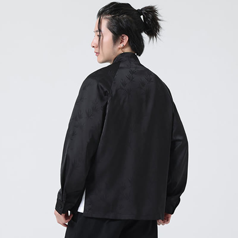 Koszula męska z długim rękawem i wzorem liści bambusa w stylu żakardowym z Buddha Stones i chińskimi guzikami - image 21