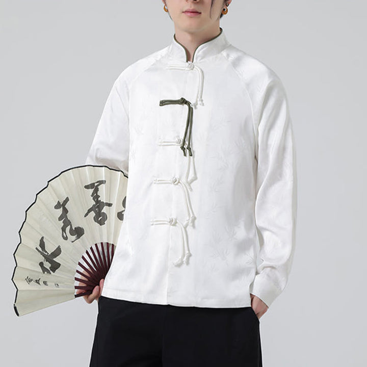 Koszula męska z długim rękawem i wzorem liści bambusa w stylu żakardowym z Buddha Stones i chińskimi guzikami - image 16