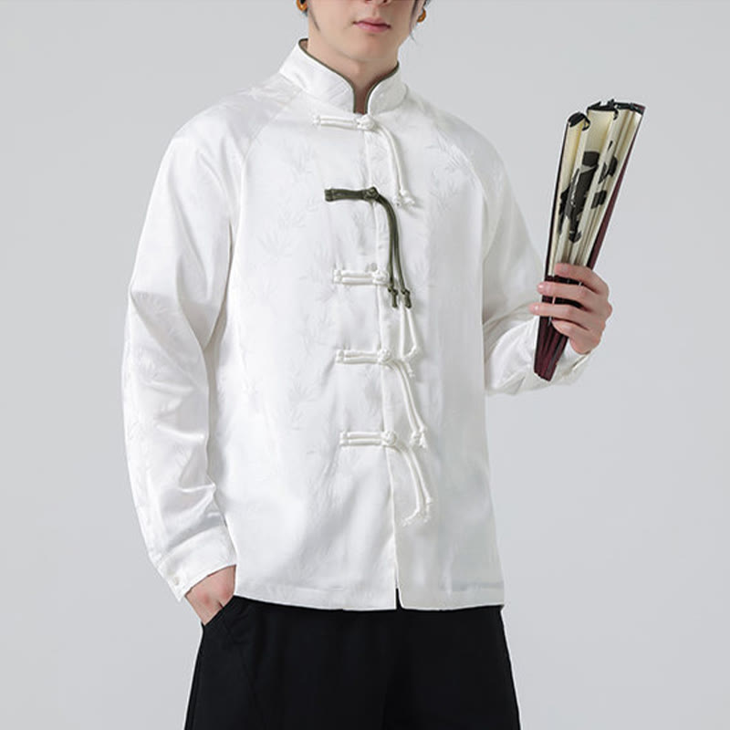 Koszula męska z długim rękawem i wzorem liści bambusa w stylu żakardowym z Buddha Stones i chińskimi guzikami - image 17