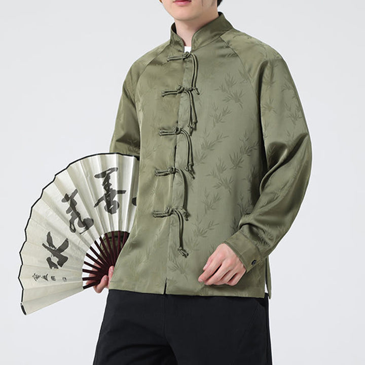Koszula męska z długim rękawem i wzorem liści bambusa w stylu żakardowym z Buddha Stones i chińskimi guzikami - Oliwkowy - US/UK/AU46， EU56 (5XL) - image 0