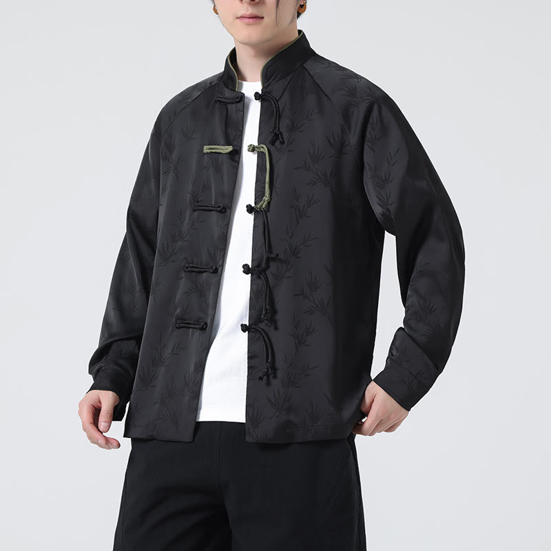 Koszula męska z długim rękawem i wzorem liści bambusa w stylu żakardowym z Buddha Stones i chińskimi guzikami - image 20