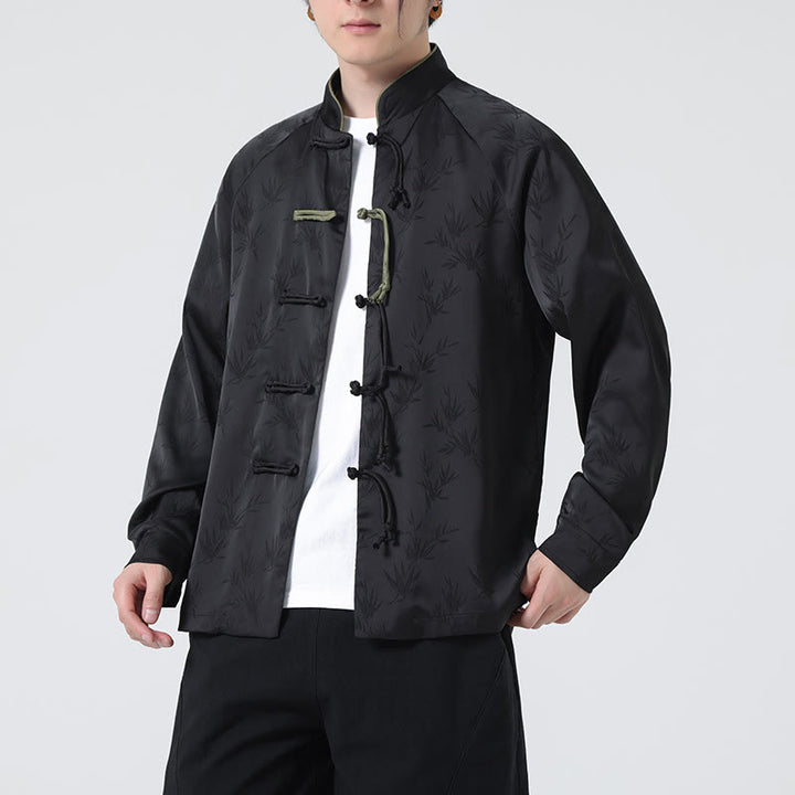 Koszula męska z długim rękawem i wzorem liści bambusa w stylu żakardowym z Buddha Stones i chińskimi guzikami - image 20