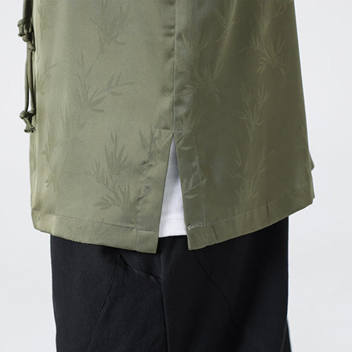 Koszula męska z długim rękawem i wzorem liści bambusa w stylu żakardowym z Buddha Stones i chińskimi guzikami - image 10