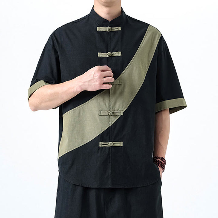 Koszula męska z bawełny i lnu z krótkim rękawem i kontrastowymi chińskimi guzikami żaby Buddha Stones Wiosna - image 3