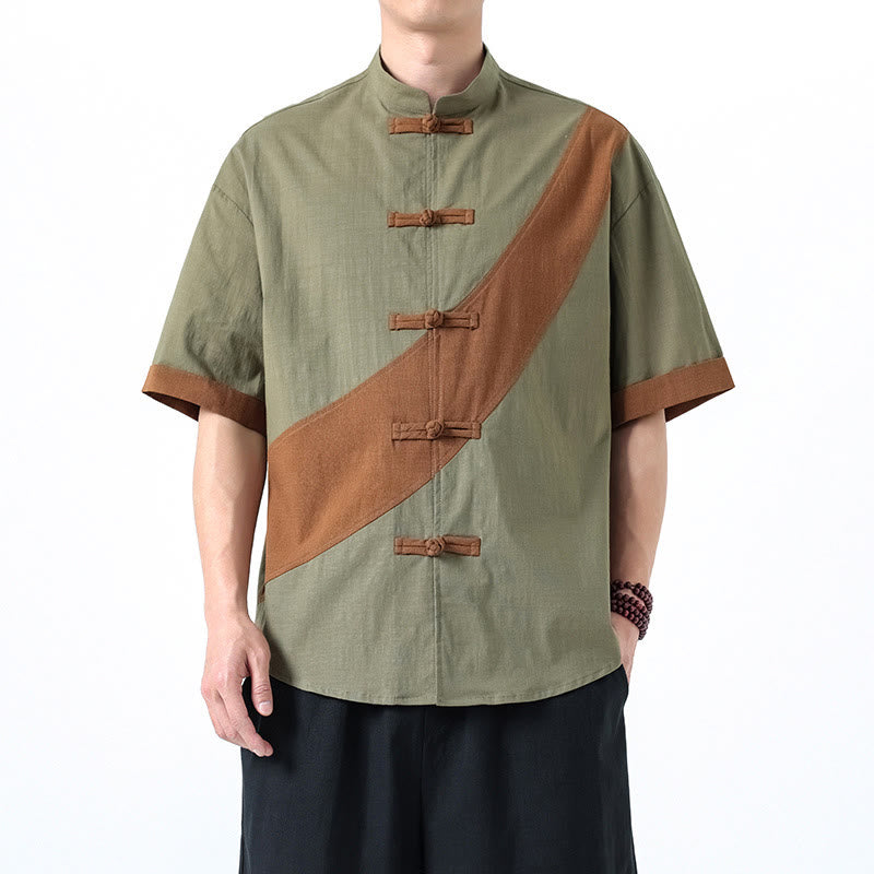 Koszula męska z bawełny i lnu z krótkim rękawem i kontrastowymi chińskimi guzikami żaby Buddha Stones Wiosna - DarkSeaGreen - US/UK/AU46， EU56 (5XL) - image 10