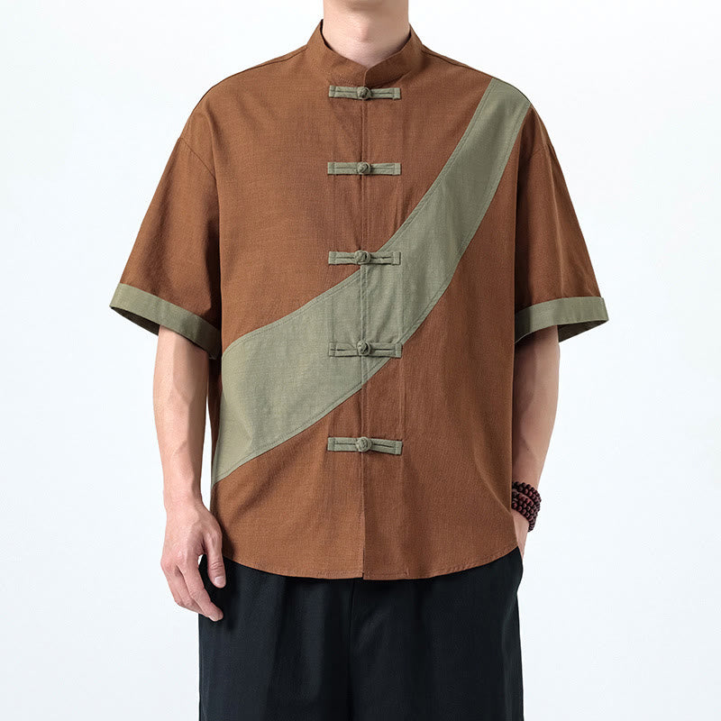 Koszula męska z bawełny i lnu z krótkim rękawem i kontrastowymi chińskimi guzikami żaby Buddha Stones Wiosna - Peru - US/UK/AU46， EU56 (5XL) - image 18