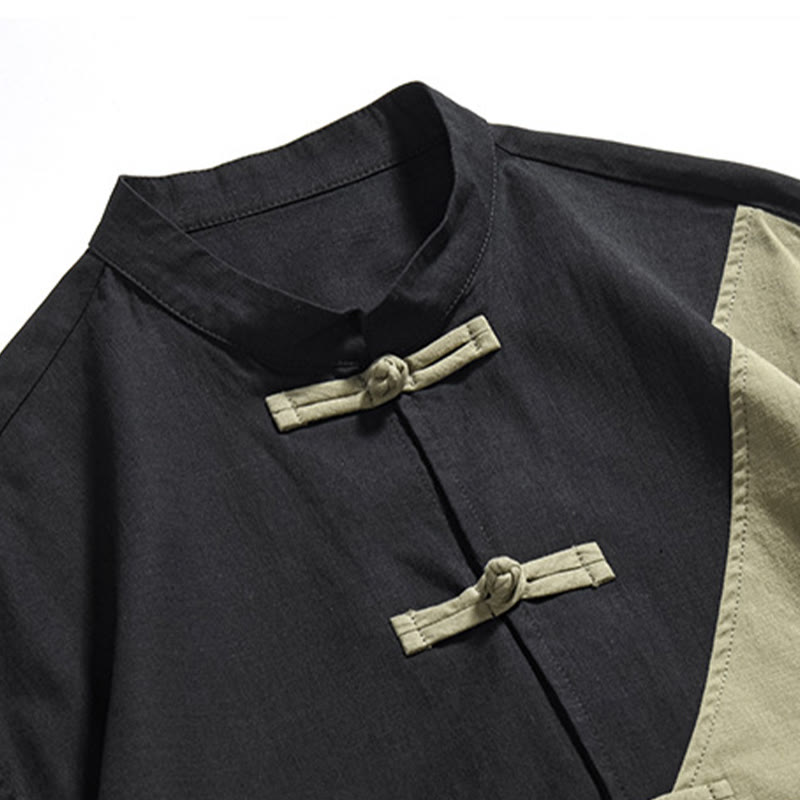 Koszula męska z bawełny i lnu z krótkim rękawem i kontrastowymi chińskimi guzikami żaby Buddha Stones Wiosna - image 7