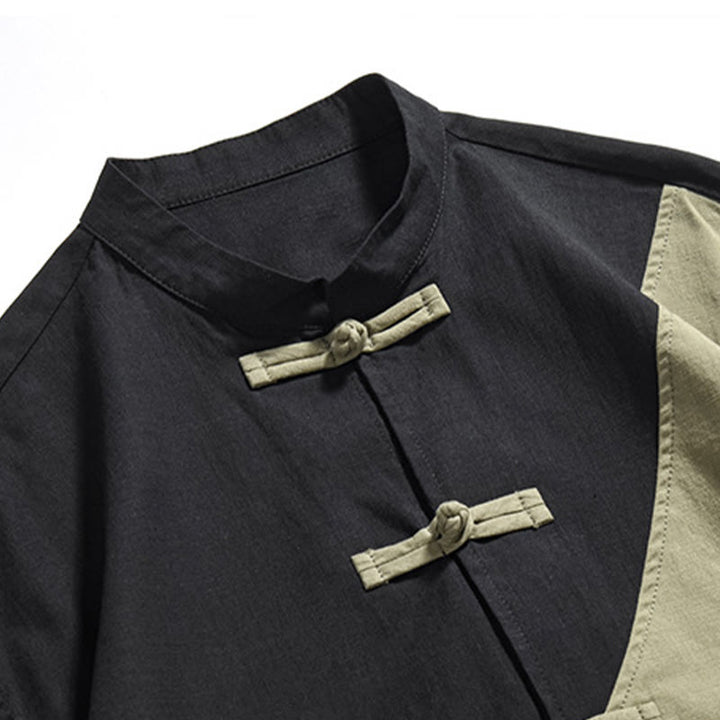 Koszula męska z bawełny i lnu z krótkim rękawem i kontrastowymi chińskimi guzikami żaby Buddha Stones Wiosna - image 7