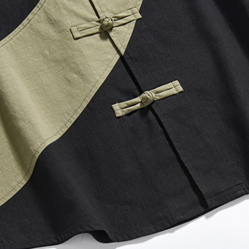 Koszula męska z bawełny i lnu z krótkim rękawem i kontrastowymi chińskimi guzikami żaby Buddha Stones Wiosna - image 8