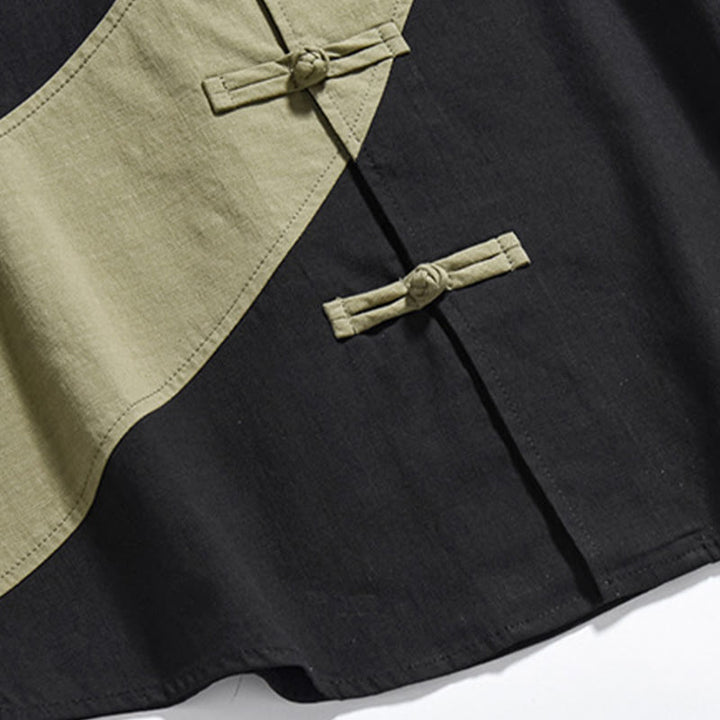 Koszula męska z bawełny i lnu z krótkim rękawem i kontrastowymi chińskimi guzikami żaby Buddha Stones Wiosna - image 8