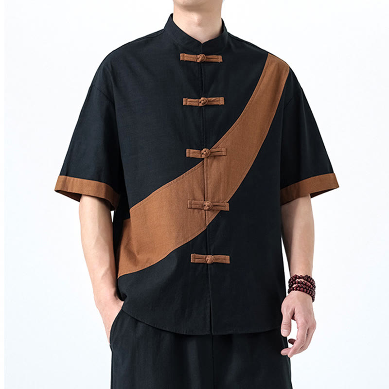 Koszula męska z bawełny i lnu z krótkim rękawem i kontrastowymi chińskimi guzikami żaby Buddha Stones Wiosna - image 30