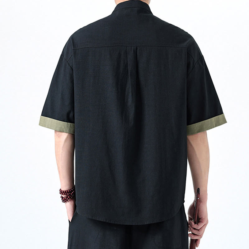 Koszula męska z bawełny i lnu z krótkim rękawem i kontrastowymi chińskimi guzikami żaby Buddha Stones Wiosna - image 1