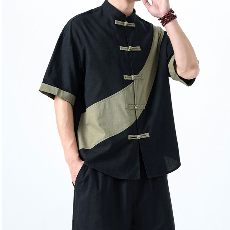 Koszula męska z bawełny i lnu z krótkim rękawem i kontrastowymi chińskimi guzikami żaby Buddha Stones Wiosna - image 6