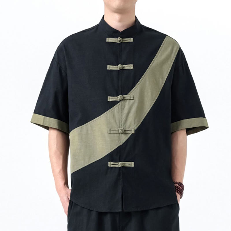 Koszula męska z bawełny i lnu z krótkim rękawem i kontrastowymi chińskimi guzikami żaby Buddha Stones Wiosna - image 2